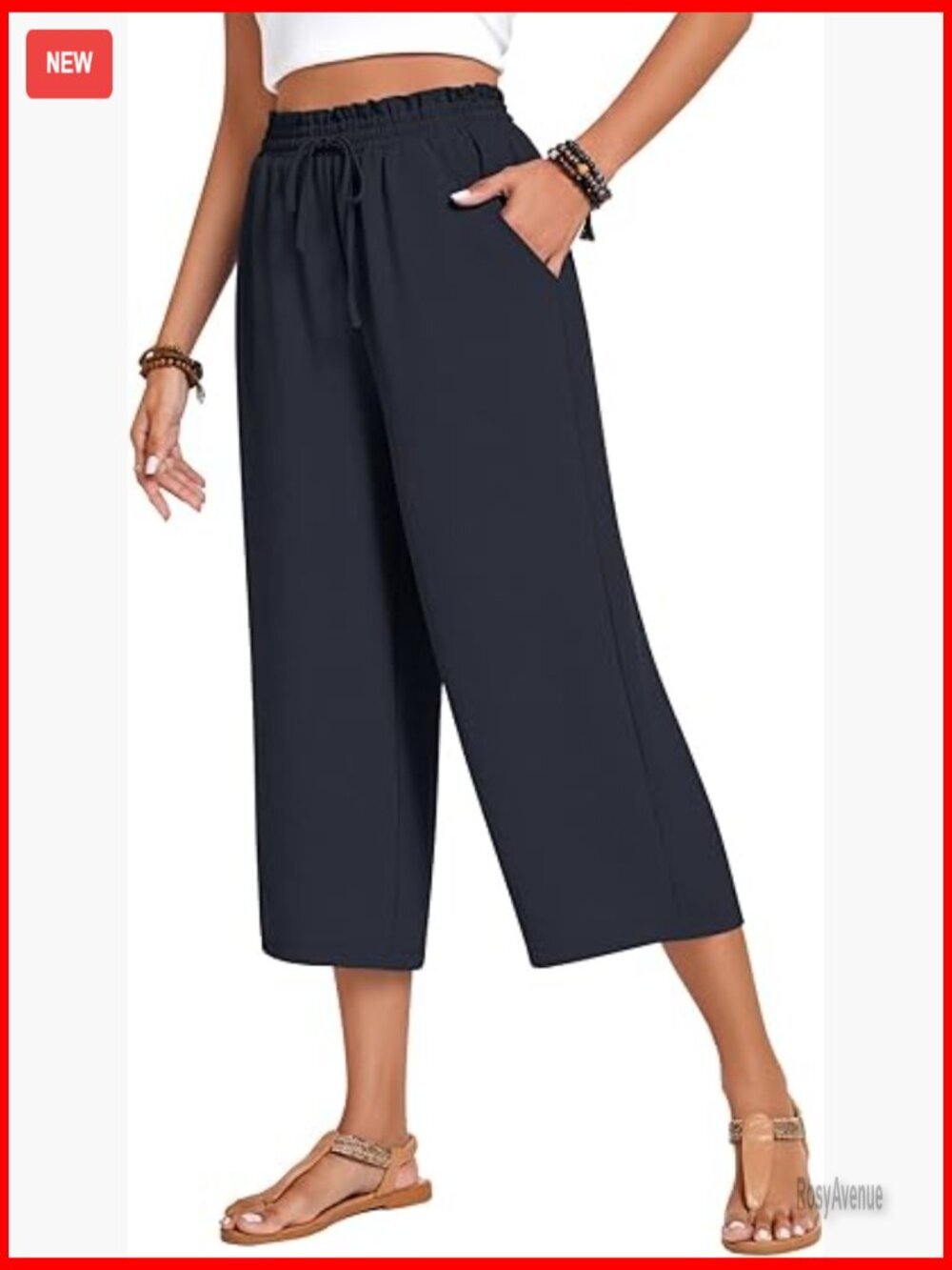High Waisted Wide Leg Palazzo Capri Pants with Drawstring Pockets Lounge - Picture 1 of 7
